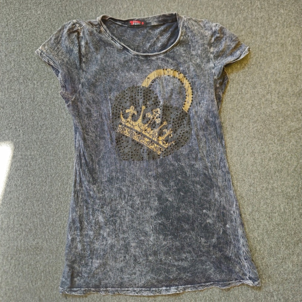 T-Party Mineral Wash Graphic Rhinestone Top Sz Large Grundge Indie Sleaze Goth